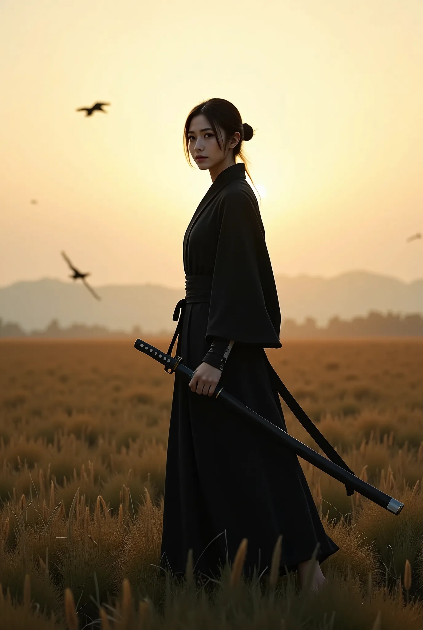 a photograph of a lone samurai woman standing in a peaceful field at dusk, ready to draw her katana. she is wearing traditional ...