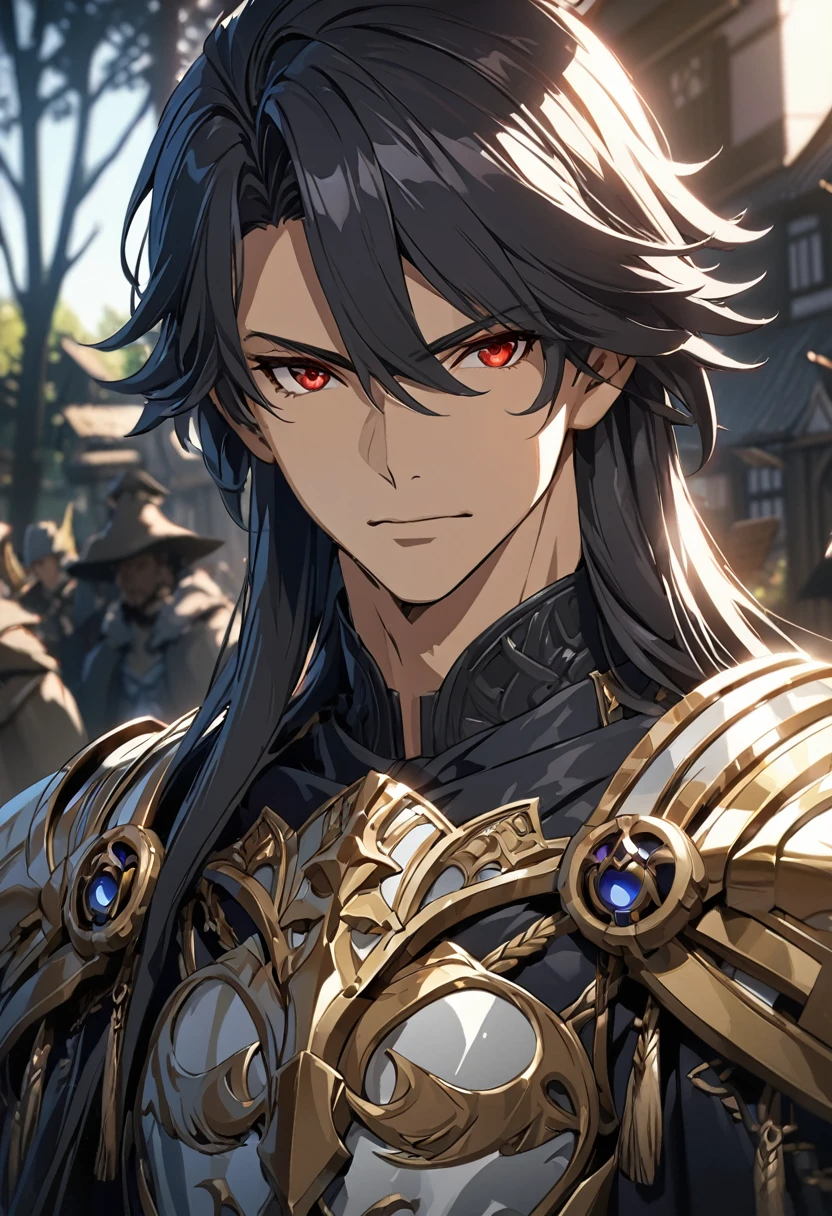 ((Solo)), (Male), Red Eyes, Raven Hair, Long Hair Braided, Close-up of Man with Spear in Village, Peaceful Village, Suburb, Detailed Anime Art, Casimir Art, Masamune Shirow, Masamune, Handsome Guy in Medieval Druid Art, Heise Jinyao, Shadowverse Style, (No Logos), Detailed Knight Armor, Eye Reflection, Depth of Field, Cinematic Lighting, Ray Tracing, Depth of Field, Cinematic Lighting, Ray Tracing, UHD, High Detail, Best Quality, High Definition, High Quality, Awards, Super Detail, Masterpiece, 8k, UHD, High Detail, Best Quality, High Definition, High Quality, Awards, Super Detail, Masterpiece, 8k