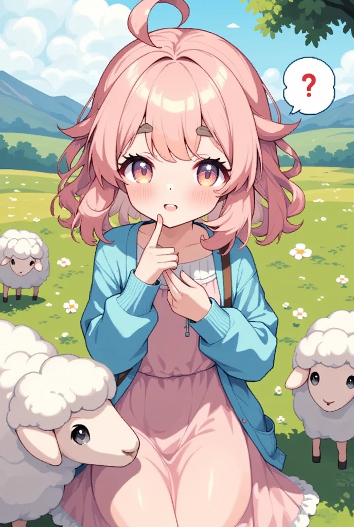 1girl, Sheep, best quality, amazing quality, very aesthetic, absurdres, highres, rating:general, confused, blush, spoken question mark, {flustered}, nervous sweating, portrait, pov hands, hand on another's cheek, averting eyes, [looking away], straight-on, Pink dress, Sky blue cardigan