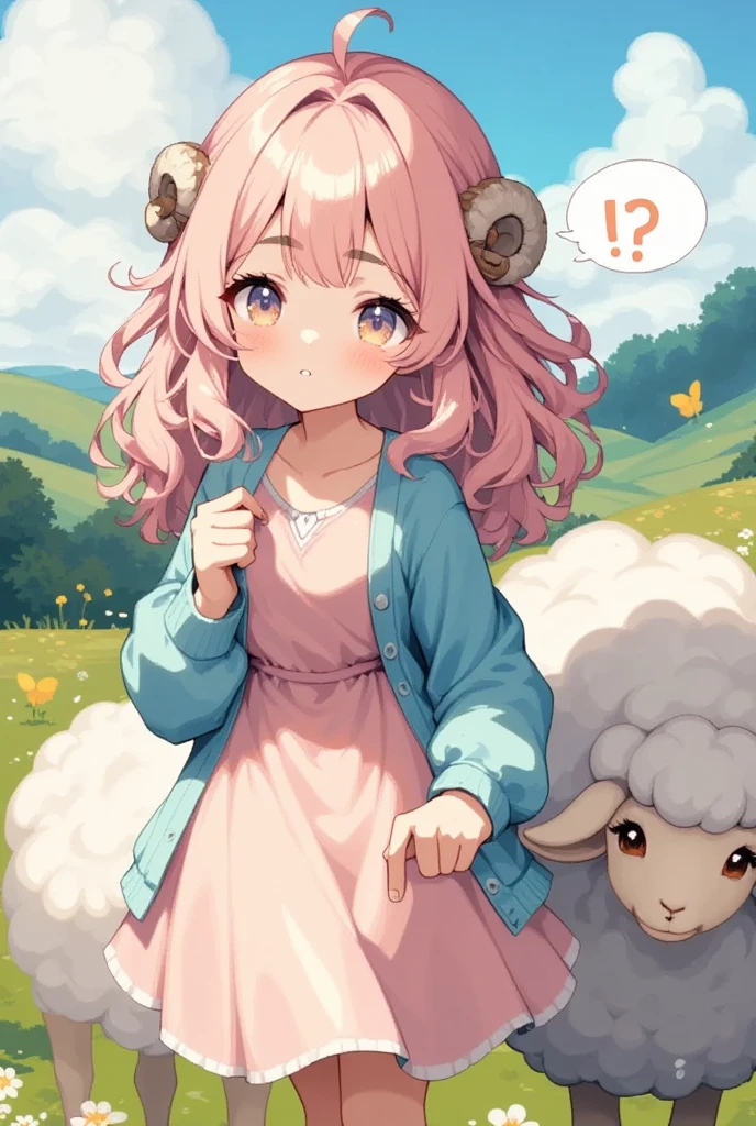 1girl, Sheep, best quality, amazing quality, very aesthetic, absurdres, highres, rating:general, confused, blush, spoken question mark, {flustered}, nervous sweating, portrait, pov hands, hand on another's cheek, averting eyes, [looking away], straight-on, Pink dress, Sky blue cardigan