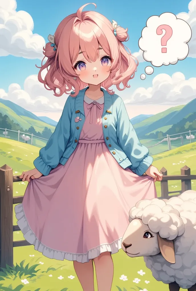 1girl, Sheep, best quality, amazing quality, very aesthetic, absurdres, highres, rating:general, confused, blush, spoken question mark, {flustered}, nervous sweating, portrait, pov hands, hand on another's cheek, averting eyes, [looking away], straight-on, Pink dress, Sky blue cardigan