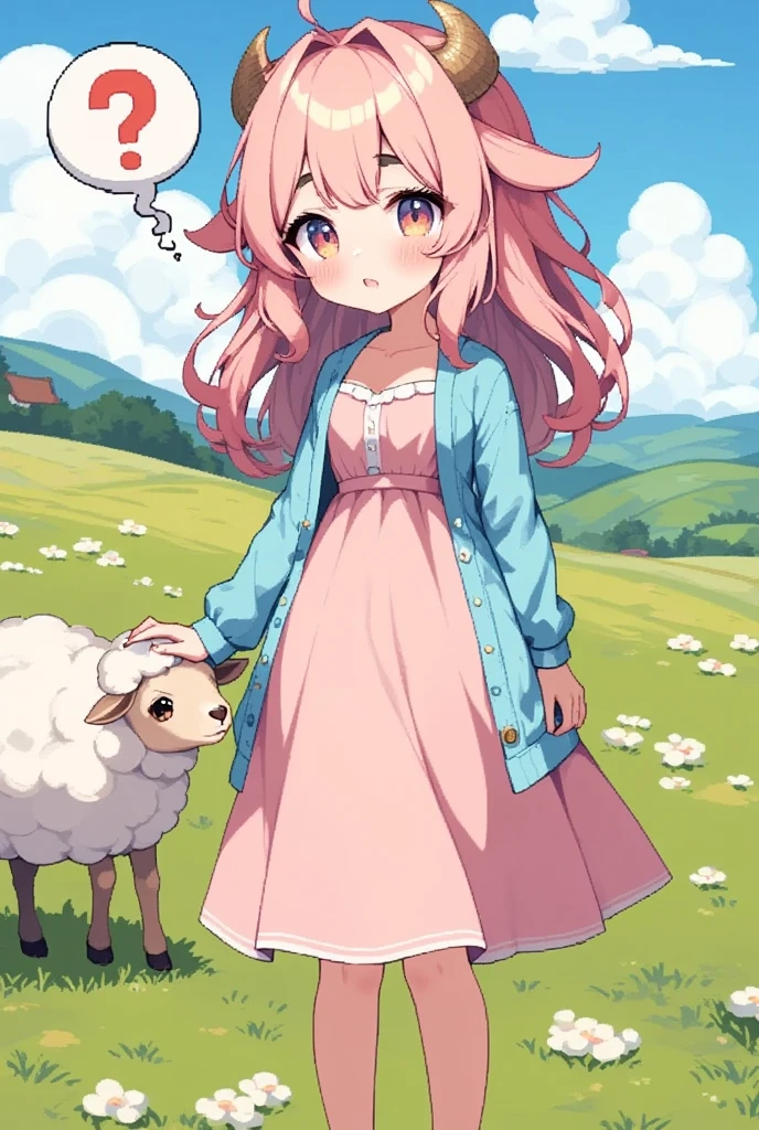 1girl, Sheep, best quality, amazing quality, very aesthetic, absurdres, highres, rating:general, confused, blush, spoken question mark, {flustered}, nervous sweating, portrait, pov hands, hand on another's cheek, averting eyes, [looking away], straight-on, Pink dress, Sky blue cardigan