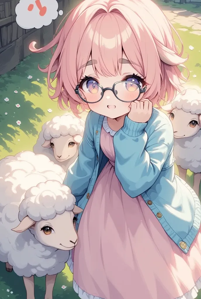 1girl, Sheep, stroking own chin, thinking, spoken squiggle, jitome, arm at side, great quality, aesthetic, leaning forward, peeking, Pink dress, Sky blue cardigan