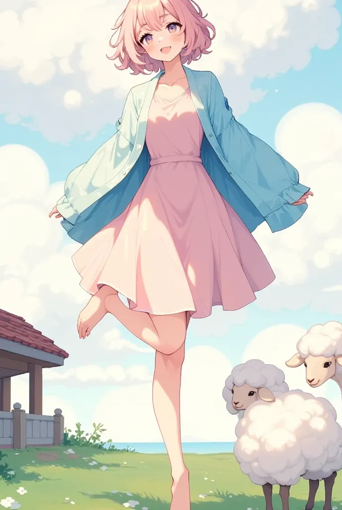 1girl, Sheep, standing split, leg lift, flexible, SFW, Pink dress, Sky blue cardigan, best quality, very aesthetic, simple background, looking up, doyagao,