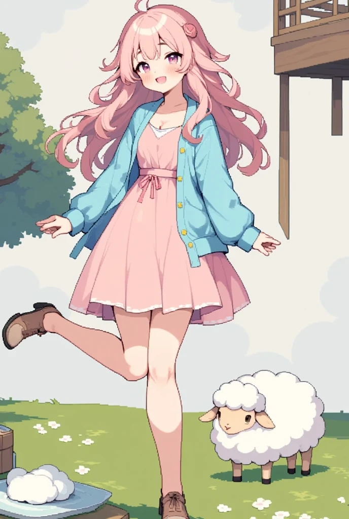 1girl, Sheep, standing split, leg lift, flexible, SFW, Pink dress, Sky blue cardigan, best quality, very aesthetic, simple background, looking up, Laughing