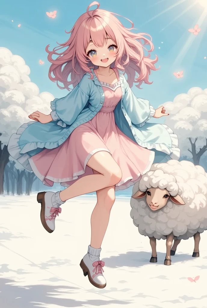 1girl, Sheep, standing split, leg lift, flexible, SFW, Pink dress, Sky blue cardigan, best quality, very aesthetic, simple background, looking up, Laughing