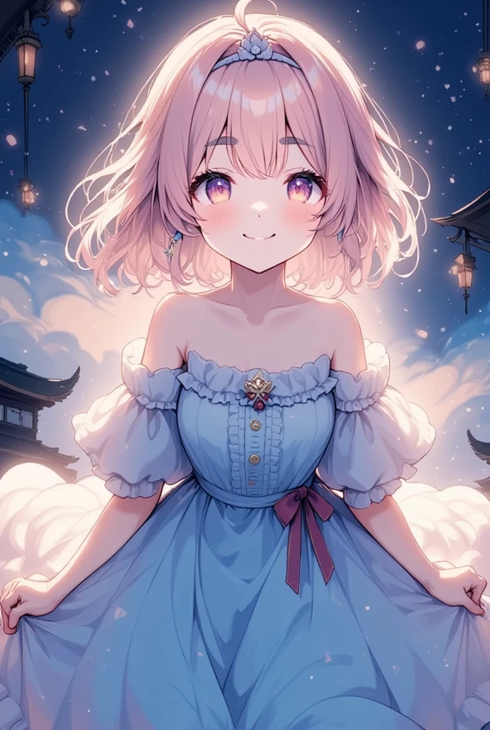 1girl, ひつじちゃん, arched crown, princess, crescent earrings, detached collar, bare shoulders, frilled dress, underbust, petticoat, brooch, blue dress, amazing quality, aesthetic, star (sky), night, sitting, alternate costume, yokozuwari, light smile, bokeh, depth of field, medium breasts, double exposure,