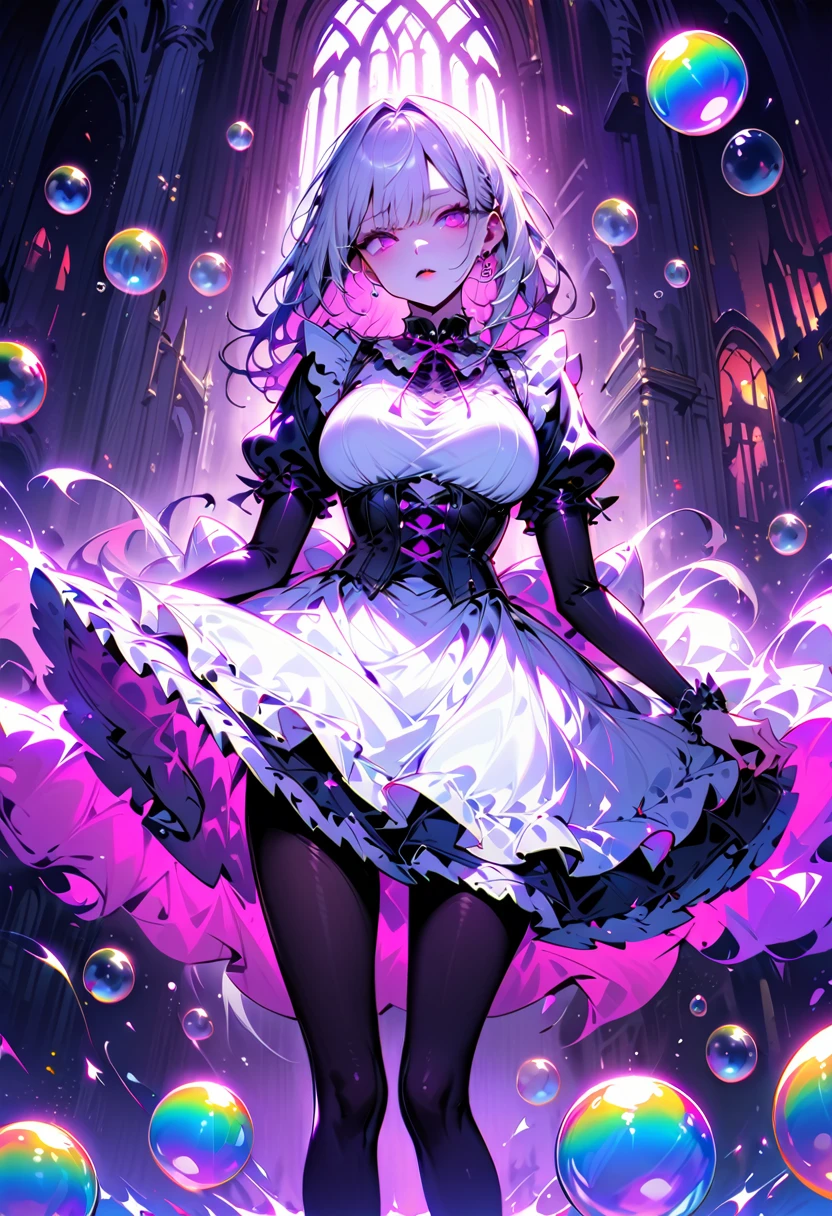 Young beautiful woman,(Best Quality,Extremely detailed depiction,Incredibly absurd high definition,Anatomically accurate,Beautiful legs,Porcelain-like skin),(Black and white gothic maid outfit,Maid Skirt,corset,Black tights),eyelash,(Silver Hair,Purple Eyes,Eyes half closed:1.5,Unfriendly expression,Large Breasts,Glossy black lips:1.5,Heavy makeup),(whole body),background:Castle,Dramatic lighting,Volumetric lighting,Lots of big rainbow colored bubbles:1.5,Soap bubbles,Bubble,Mysterious atmosphere