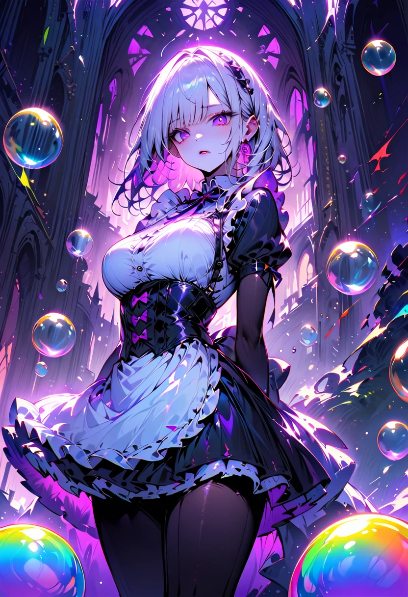 Young beautiful woman,(Best Quality,Extremely detailed depiction,Incredibly absurd high definition,Anatomically accurate,Beautiful legs,Porcelain-like skin),(Black and white gothic maid outfit,Maid Skirt,corset,Black tights),eyelash,(Silver Hair,Purple Eyes,Eyes half closed:1.5,Unfriendly expression,Large Breasts,Glossy black lips:1.5,Heavy makeup),(whole body),background:Castle,Dramatic lighting,Volumetric lighting,Lots of big rainbow colored bubbles:1.5,Soap bubbles,Bubble,Mysterious atmosphere