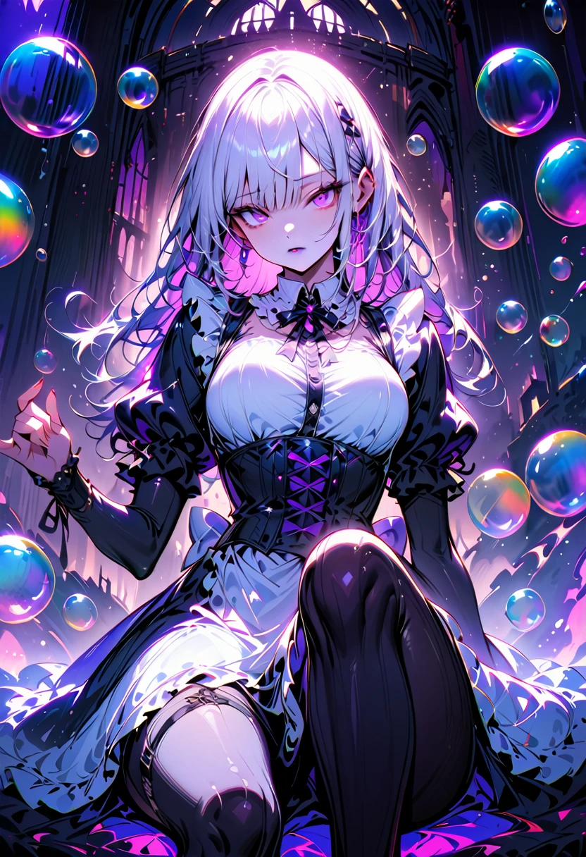 Young beautiful woman,(Best Quality,Extremely detailed depiction,Incredibly absurd high definition,Anatomically accurate,Beautiful legs,Porcelain-like skin),(Black and white gothic maid outfit,Maid Skirt,corset,Black tights),eyelash,(Silver Hair,Purple Eyes,Eyes half closed:1.5,Unfriendly expression,Large Breasts,Glossy black lips:1.5,Heavy makeup),(whole body),background:Castle,Dramatic lighting,Volumetric lighting,Lots of big rainbow colored bubbles:1.5,Soap bubbles,Bubble,Mysterious atmosphere