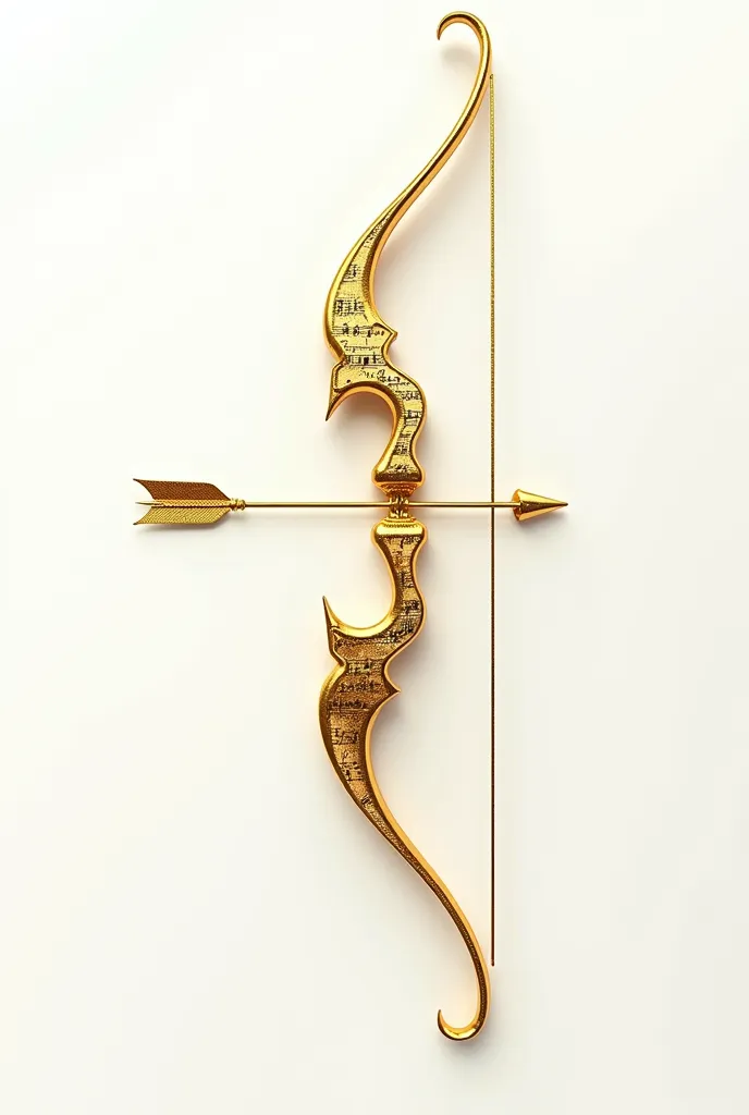 A golden bow and arrow made from many musical scores, on a white background