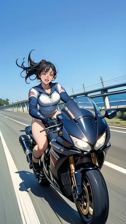 On the road there is a woman in a sailor suit riding a black 1500cc super large motorcycle.。.., (((Wheelie))) Racing across a large bridge on a 1500cc super bike。, . (This scene、It captures the speed and power of the scene...))), (((Dynamic and powerful composition))
