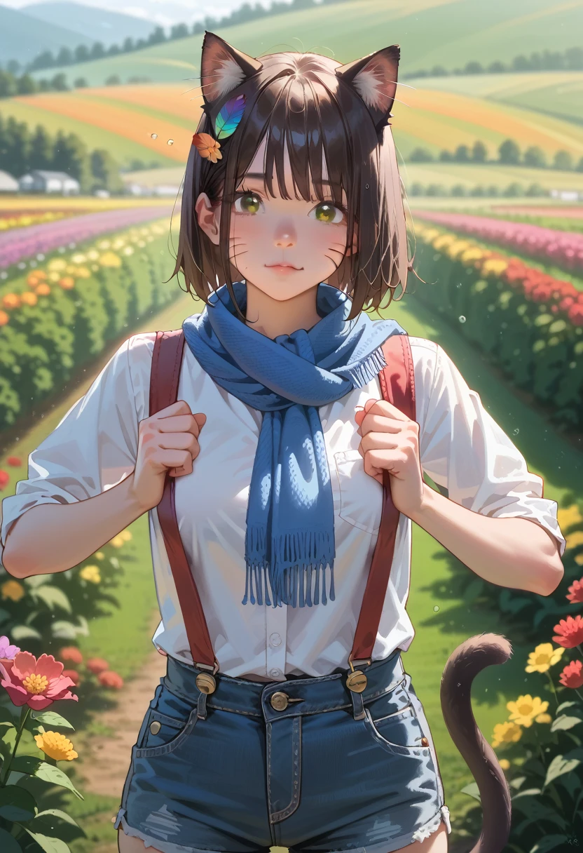 Best Quality、4K、Ultra HD、Young girl、Brown Skin、Cat ears and tail、Three red cat whiskers on cheek、With your arms wide open, Dark brown hair、A single blue feather hair ornament、Straight Short Hair, White shirt with blue scarf、And brown suspenders, Denim shorts, Standing pose, Colorful flower fields and trees々、And in the light rain、Enjoying the outdoor environment, Natural light and soft shadows, Bright and relaxed atmosphere, Deep depth of field from the front、

information
