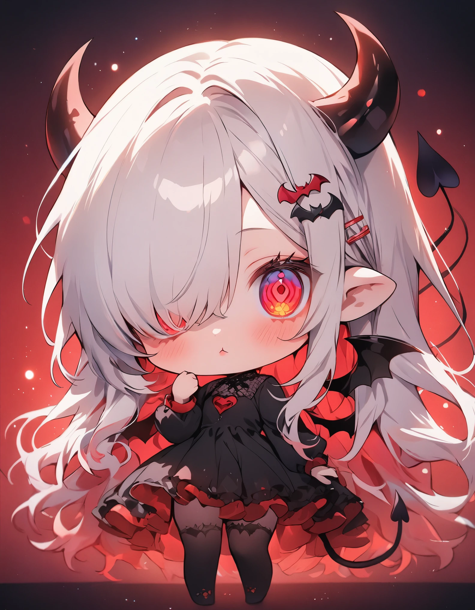 absurdres, colorful, 1girl, solo, red eyes, white hair, long hair, hair over one eye, detailed eyes, wide-eyed, eyelashes, looking at viewer, full body, demon horns, ((chibi)), bat wings, gradient background, dress, hand up, demon tail, particles, kawaii, spoken heart, (red theme:0.7), hair clips, (cute cheeks), glossy lips, pouty lips, (lower eyelashes), colorful eyes, round eyes, ((Masterpiece)), ((best quality)), ((cowboy shot)), ((High chroma)), (Best lighting), 