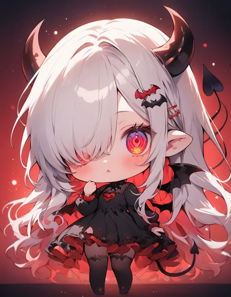 absurdres, colorful, 1girl, solo, red eyes, white hair, long hair, hair over one eye, detailed eyes, wide-eyed, eyelashes, looking at viewer, full body, demon horns, ((chibi)), bat wings, gradient background, dress, hand up, demon tail, particles, kawaii, spoken heart, (red theme:0.7), hair clips, (cute cheeks), glossy lips, pouty lips, (lower eyelashes), colorful eyes, round eyes, ((Masterpiece)), ((best quality)), ((cowboy shot)), ((High chroma)), (Best lighting), 