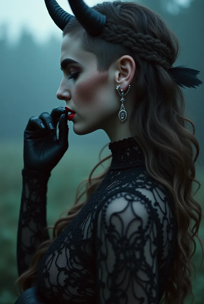 at night under pale moonlight insane detail, insane cinematic morbid of a goth, her lace gloves black with patterns, caressing h...