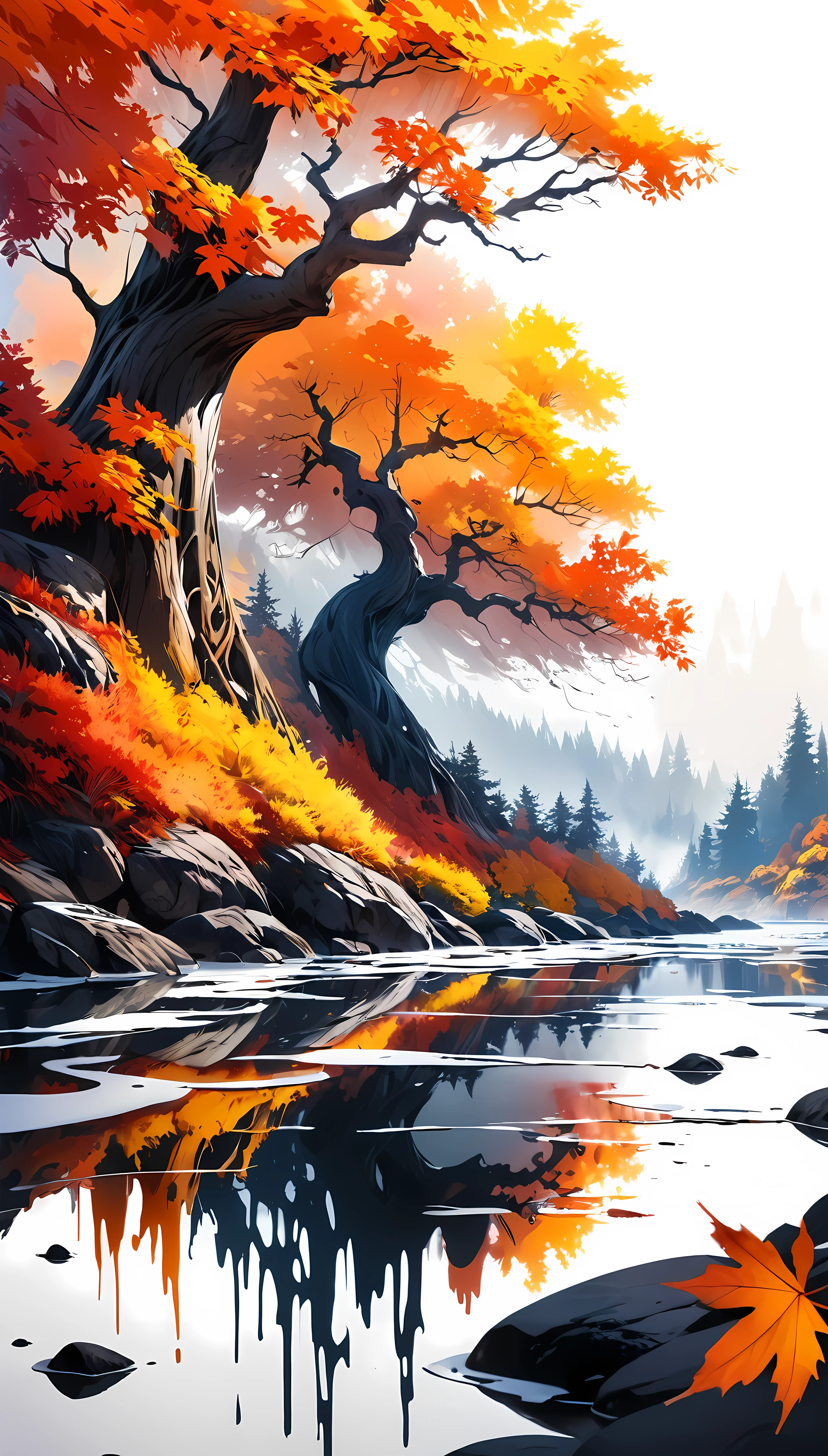 Image concept, autumn, Melting vivid colors, Ink Art Overwrite, ultra-retina-realism, super-fine-detail-tuned, artistic-realistic, Uses the ultimate fine mist spray,