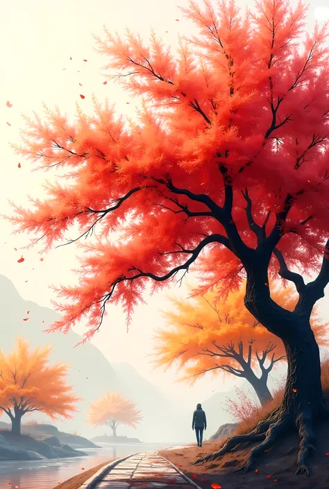 autumnの彩りをした桜, Minimalism, Sadness, autumnカラーのCGユニット, Image concept, autumn, Melting vivid colors, Ink Art Overwrite, ultra-retina-realism, super-fine-detail-tuned, artistic-realistic, Uses the ultimate fine mist spray,