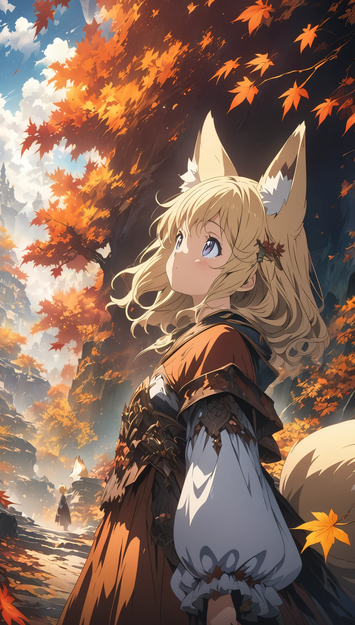 (masterpiece:1.2), (Best Quality:1.2), Ultra-high resolution, Very detailed, (autumn leaves:1.5), Girl sitting on chair, blonde,Glasses, whole body, cute, Looking up while reading, From side, Digital anime art,Anime style illustration,Anime illustration