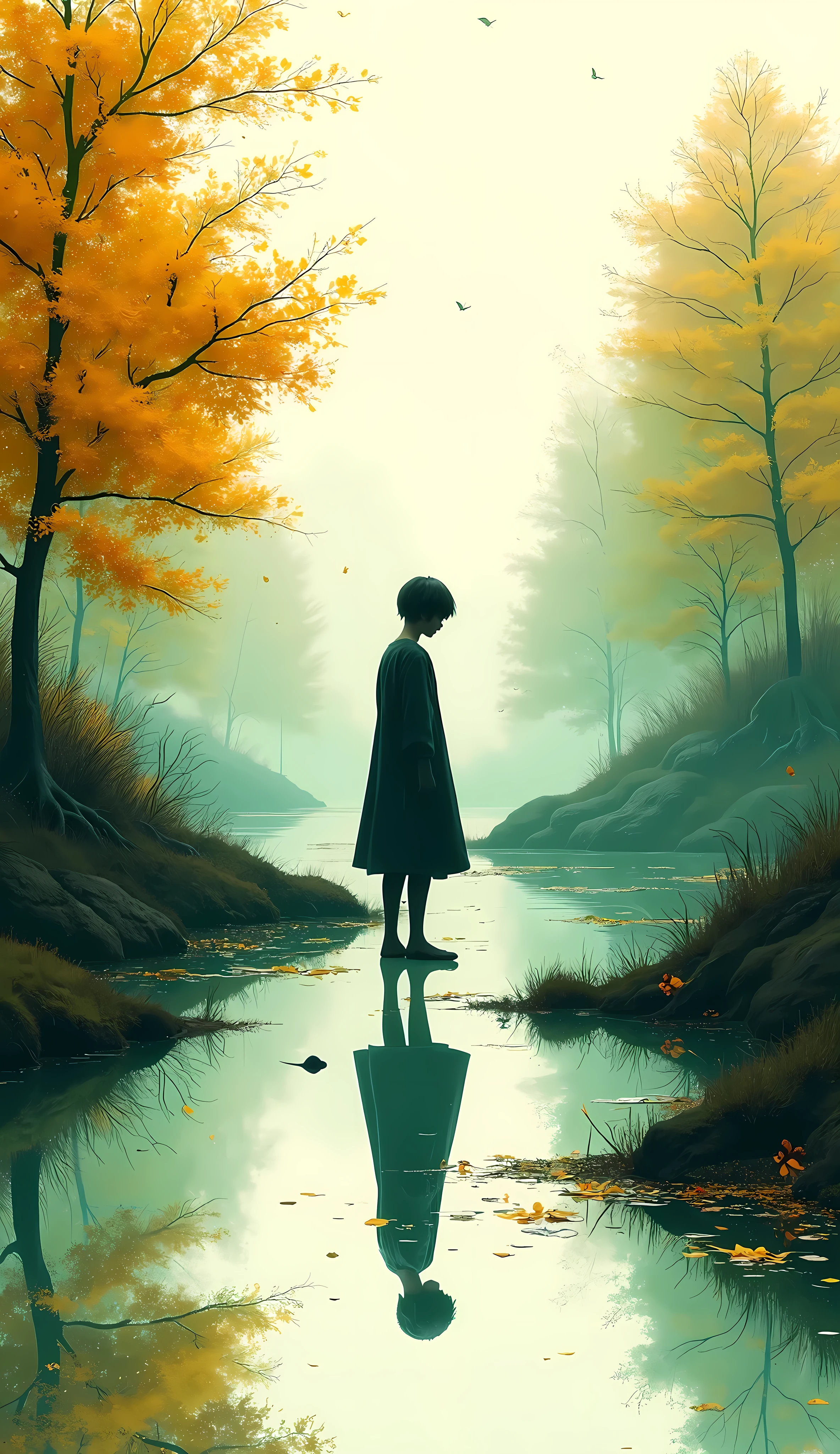 Minimalism, Mirroring, Sadness, autumnカラーのCGユニット, Image concept, autumn, Melting vivid colors, Ink Art Overwrite, Fresh green accents, ultra-retina-realism, super-fine-detail-tuned, artistic-realistic, Uses the ultimate fine mist spray,