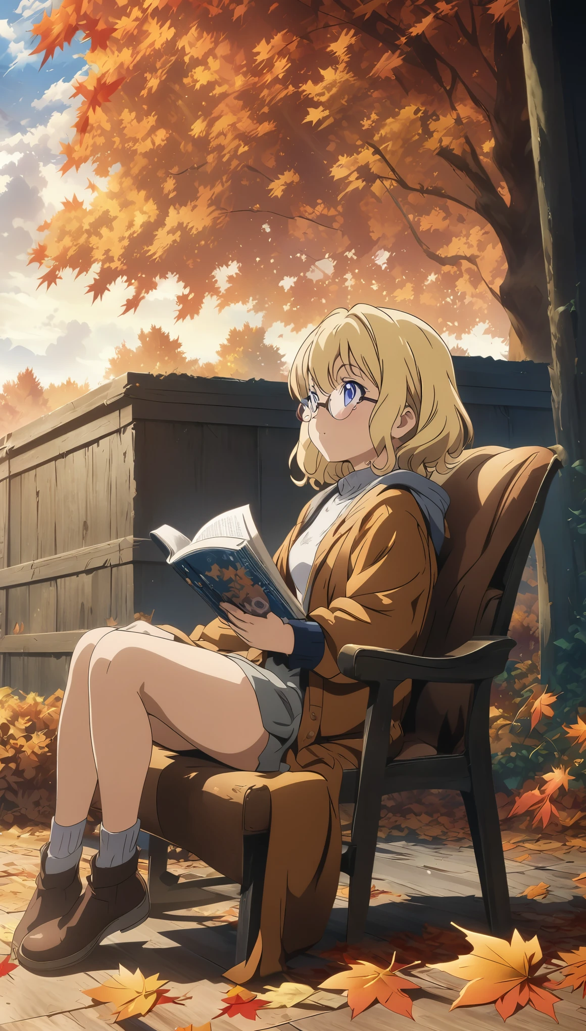 (masterpiece:1.2), (Best Quality:1.2), Ultra-high resolution, Very detailed, (autumn leaves:1.5), Girl sitting on chair, blonde,Glasses, whole body, cute, Looking up while reading, From side, Digital anime art,Anime style illustration,Anime illustration