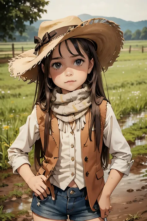 Beautiful young pretty  portrait，On a muddy farm:1.2 , cowboy hat, Fringed waistcoat , Shorts, scarf , confidence , Very short stature，Flat Chest，Very small ass，,
