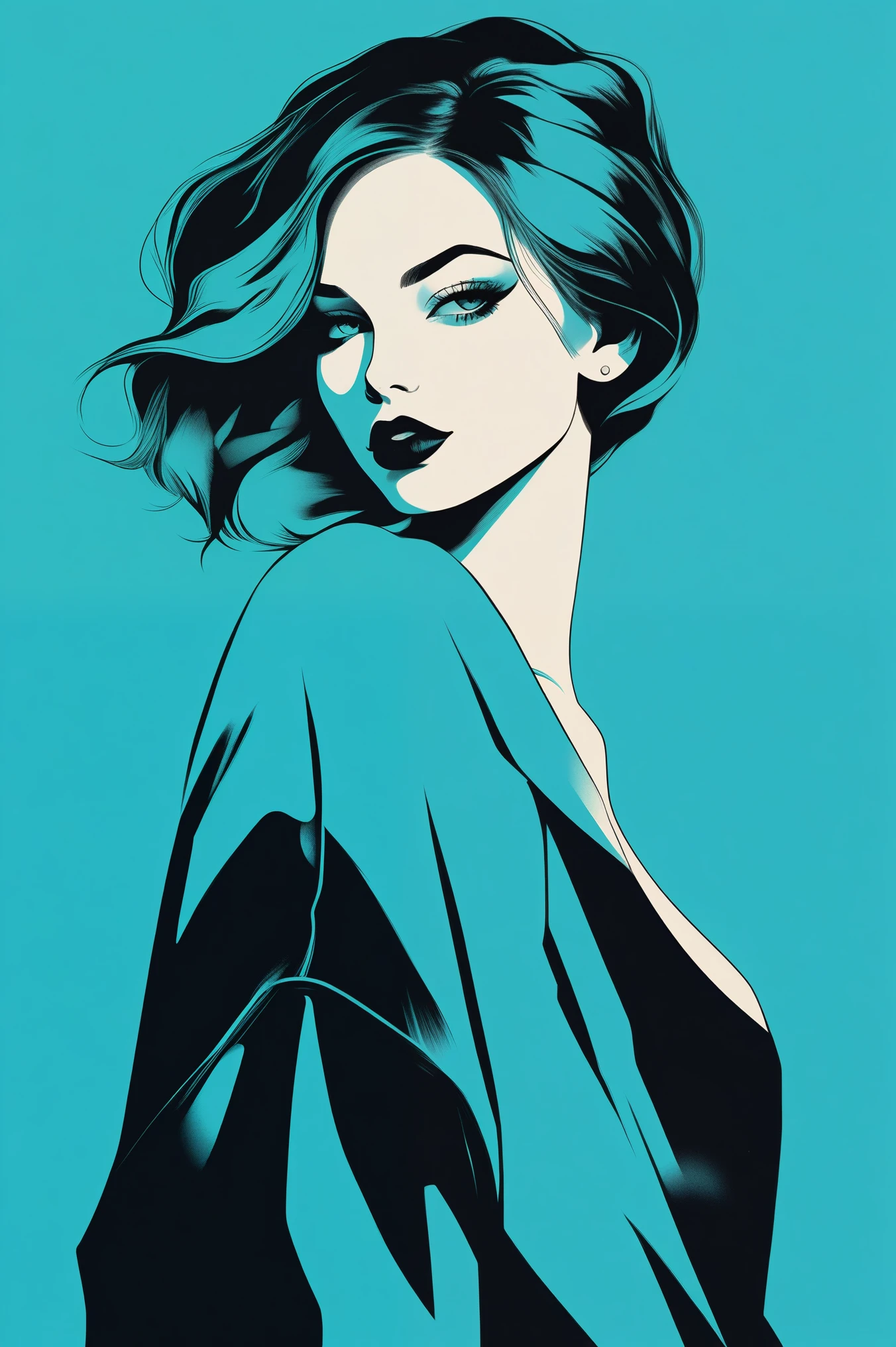 (The best quality, cyan background sketch:1.2),realistic,illustrator,animated,1 girl, detailed lips, modern sensual casual clothing without showing intimate parts, black and cyan gradient background, Neon hair, textured cutout, masterpiece, classic retro style, black style , European style