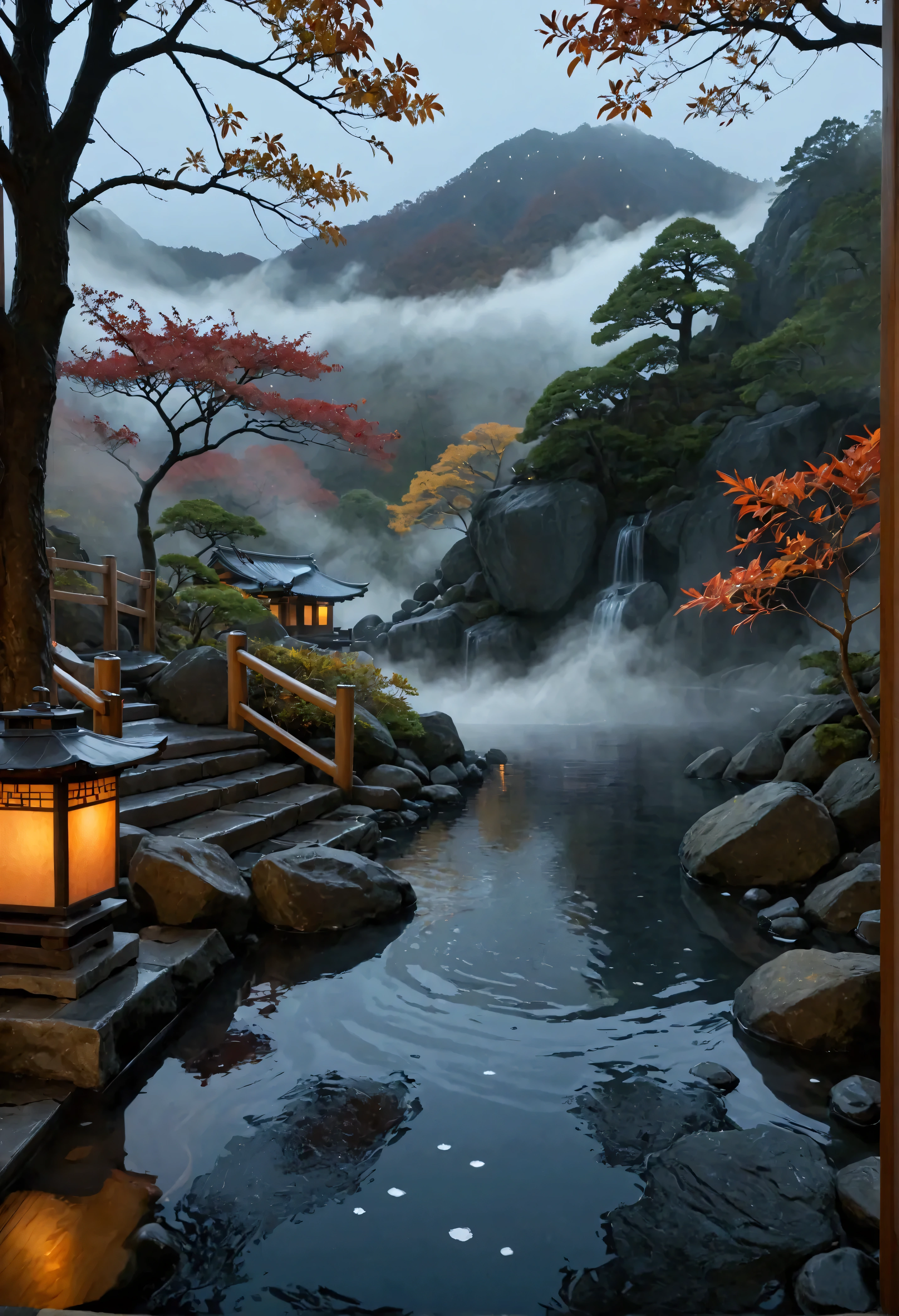 a stunning, photorealistic digital image of a traditional Japanese onsen nestled in the mountains during a cold autumn night, inspired by the serene and atmospheric works of Hayao Miyazaki. The scene captures the steamy, warm waters of the onsen, glowing under soft lantern light, with light rain falling, creating ripples on the water’s surface. The surrounding trees display vibrant autumn colors—deep reds and oranges—with wet leaves sticking to the rocks. The cold, solemn atmosphere just before snowfall contrasts with the inviting warmth of the steamy hot spring.

For camera settings, emulate the clarity and depth of a Hasselblad H6D-100c, using a Zeiss Otus 85mm f/1.4 lens to capture sharp details of the steam rising from the water, the delicate rain, and the autumn leaves. The angle should be a low, wide shot from the edge of the onsen, focusing on the interplay of steam and rain while showcasing the rich textures of the stone, wood, and trees. The lighting should be soft and warm, coming from traditional Japanese lanterns, creating a subtle glow amidst the cold, dark environment.

Post-processing should emphasize the contrast between the cold air and warm water, enhancing the foggy steam and reflections on the wet surfaces, while keeping the natural colors rich but muted for a solemn, peaceful ambiance. Ensure the final image has a cinematic 16:9 aspect ratio to immerse the viewer in this tranquil autumn night scene.