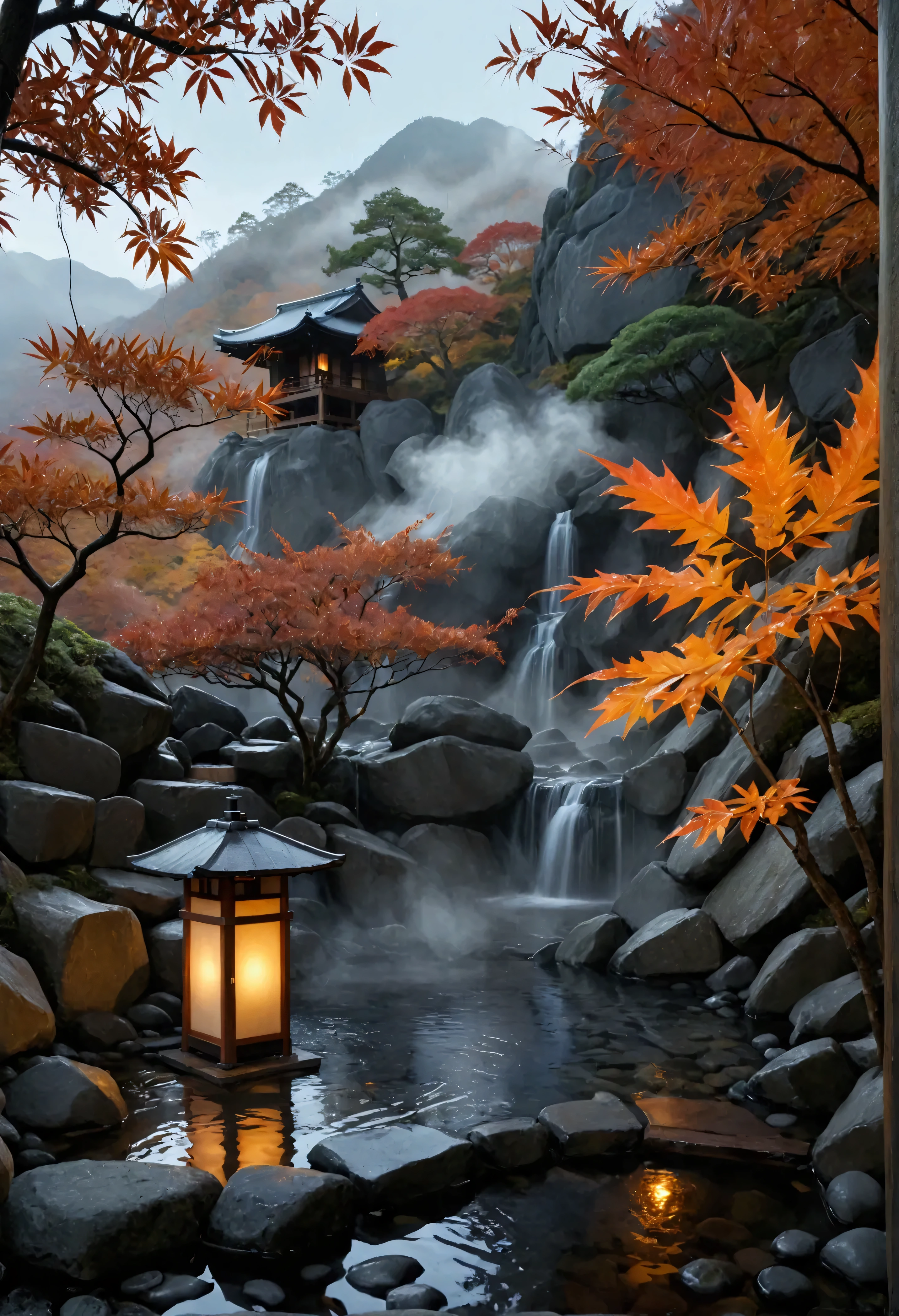 a stunning, photorealistic digital image of a traditional Japanese onsen nestled in the mountains during a cold autumn night, inspired by the serene and atmospheric works of Hayao Miyazaki. The scene captures the steamy, warm waters of the onsen, glowing under soft lantern light, with light rain falling, creating ripples on the water’s surface. The surrounding trees display vibrant autumn colors—deep reds and oranges—with wet leaves sticking to the rocks. The cold, solemn atmosphere just before snowfall contrasts with the inviting warmth of the steamy hot spring.

For camera settings, emulate the clarity and depth of a Hasselblad H6D-100c, using a Zeiss Otus 85mm f/1.4 lens to capture sharp details of the steam rising from the water, the delicate rain, and the autumn leaves. The angle should be a low, wide shot from the edge of the onsen, focusing on the interplay of steam and rain while showcasing the rich textures of the stone, wood, and trees. The lighting should be soft and warm, coming from traditional Japanese lanterns, creating a subtle glow amidst the cold, dark environment.

Post-processing should emphasize the contrast between the cold air and warm water, enhancing the foggy steam and reflections on the wet surfaces, while keeping the natural colors rich but muted for a solemn, peaceful ambiance. Ensure the final image has a cinematic 16:9 aspect ratio to immerse the viewer in this tranquil autumn night scene.