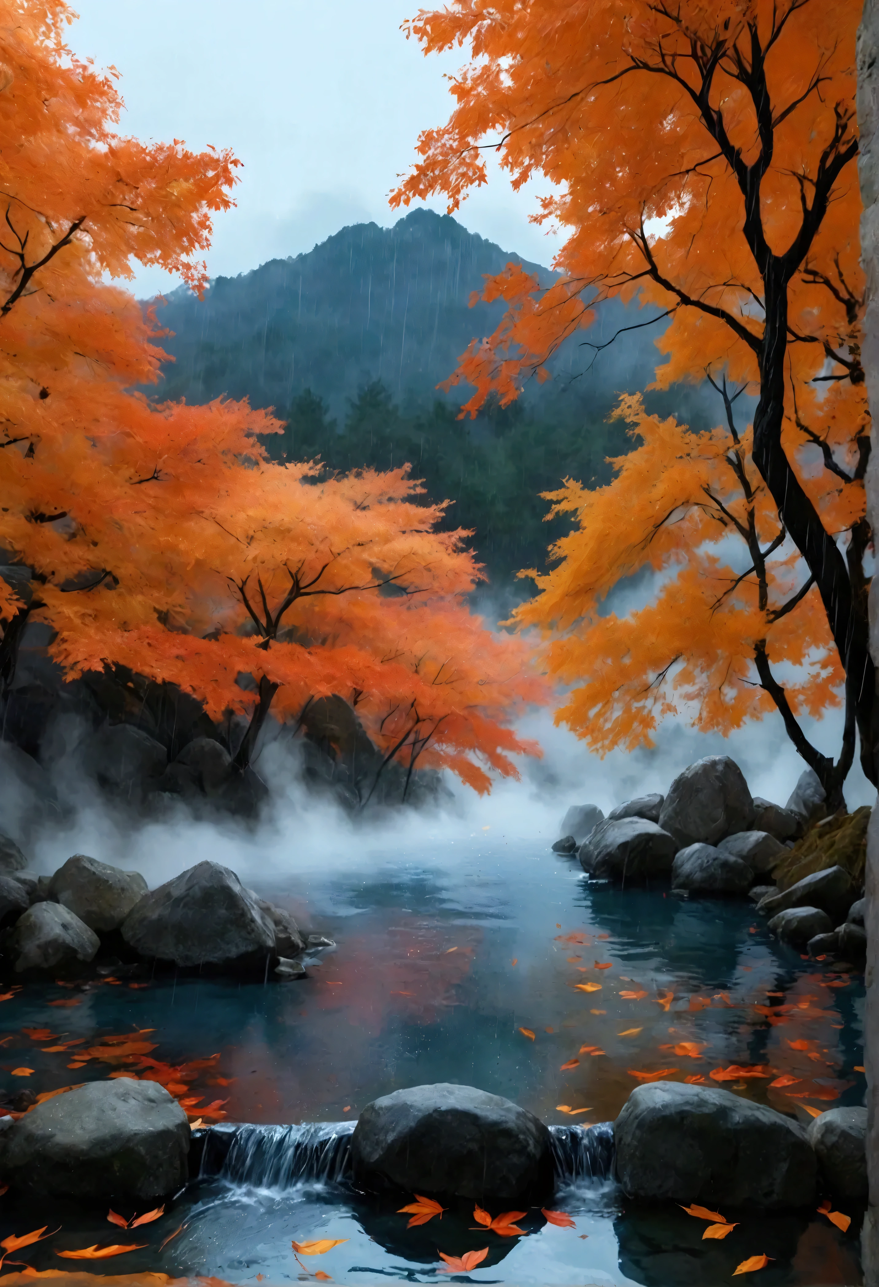 a stunning, photorealistic digital image of a traditional Japanese onsen nestled in the mountains during a cold autumn night, inspired by the serene and atmospheric works of Hayao Miyazaki. The scene captures the steamy, warm waters of the onsen, glowing under soft lantern light, with light rain falling, creating ripples on the water’s surface. The surrounding trees display vibrant autumn colors—deep reds and oranges—with wet leaves sticking to the rocks. The cold, solemn atmosphere just before snowfall contrasts with the inviting warmth of the steamy hot spring.

For camera settings, emulate the clarity and depth of a Hasselblad H6D-100c, using a Zeiss Otus 85mm f/1.4 lens to capture sharp details of the steam rising from the water, the delicate rain, and the autumn leaves. The angle should be a low, wide shot from the edge of the onsen, focusing on the interplay of steam and rain while showcasing the rich textures of the stone, wood, and trees. The lighting should be soft and warm, coming from traditional Japanese lanterns, creating a subtle glow amidst the cold, dark environment.

Post-processing should emphasize the contrast between the cold air and warm water, enhancing the foggy steam and reflections on the wet surfaces, while keeping the natural colors rich but muted for a solemn, peaceful ambiance. Ensure the final image has a cinematic 16:9 aspect ratio to immerse the viewer in this tranquil autumn night scene.