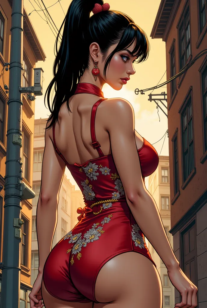 from behind, a intricate illustration of a voluptuous womean, cinematic, round boobs, japanese tight dress, comic style, deep cl...