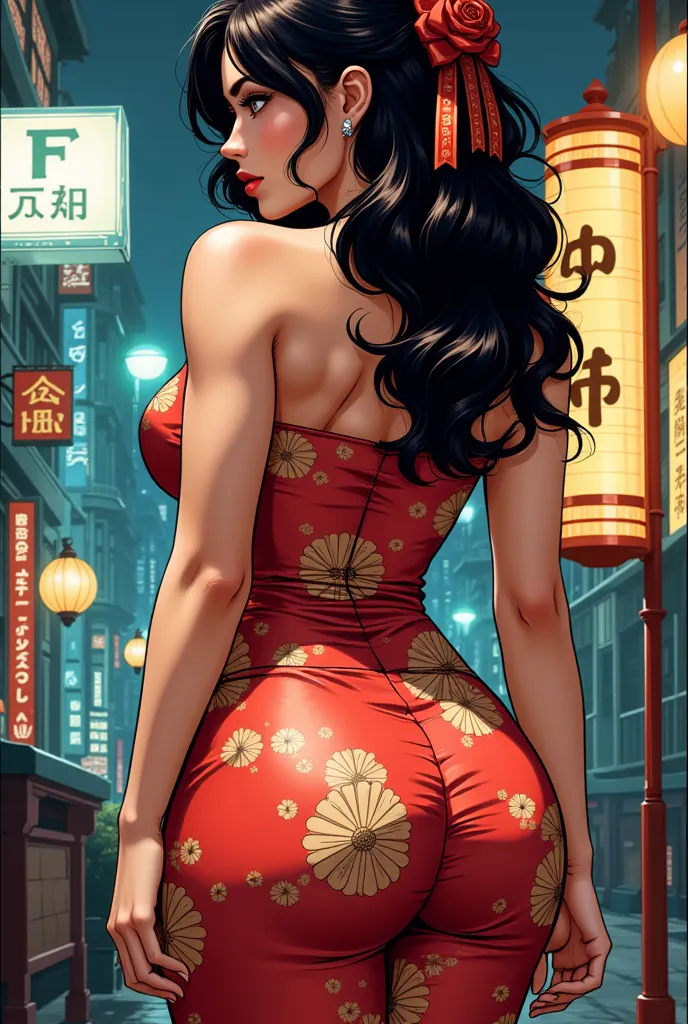 from behind, a intricate illustration of a voluptuous womean, cinematic, round boobs, japanese tight dress, comic style, deep cl...