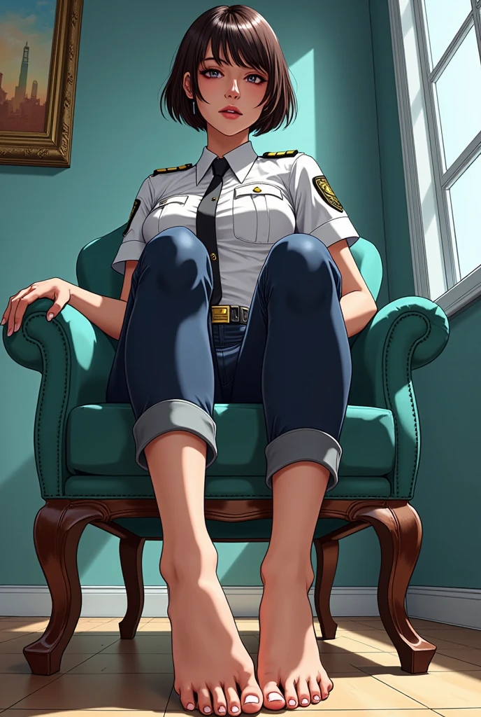 Comic style of a beautiful girl with short hair, very tight police sexy suit, bare feet, sitting on a chair showing feet, feet focus, perspective 