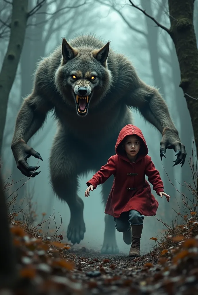 A werewolf running after little red riding hood