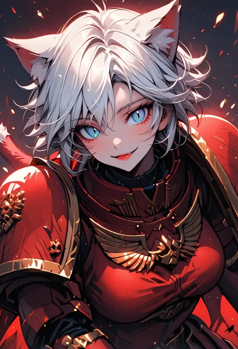 solo, female, close up, short messy hair, white hair, very tall female, cat ears, cat tail, slit pupils, icy blue eyes, large breasts, custodes, armor, red cape, smile