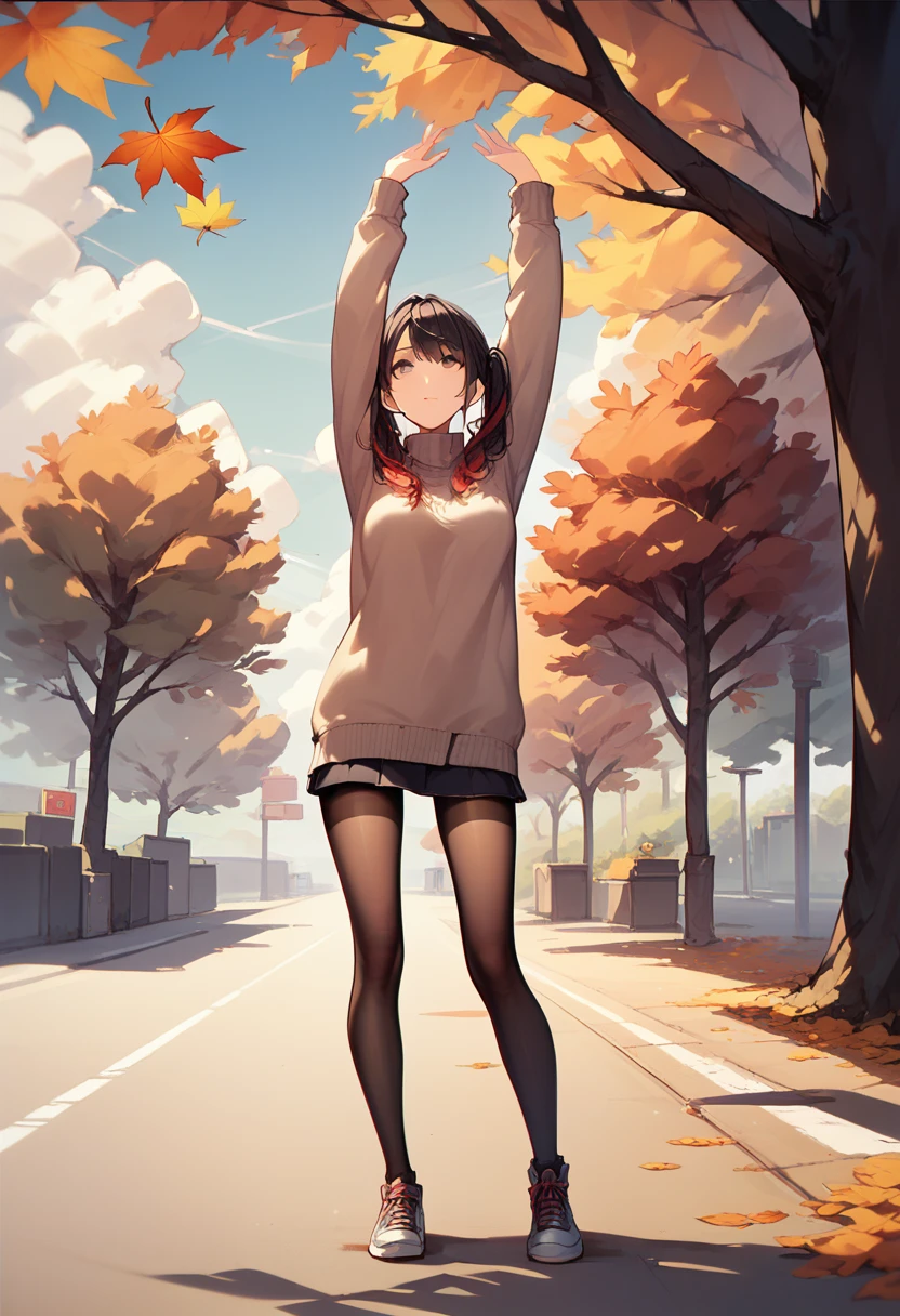 A woman looking up at the sky with her arms outstretched,A tree-lined road dyed red and yellow by autumn leaves,cardigan,Sheer sweater dress,Black tights