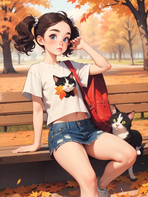 (Superflat, Flat Shading, Flat Color), (masterpiece，Best Quality，Cute doodles，interesting, Excellent, Two s，Very short，Curly Hair，Twin tails，bright, Curious eyes，Freckles，Thick eyebrows，Short-sleeved white T-shirt，Very short denim miniskirt，Open Fly，sneakers， Autumn park，Autumn leaves，Floral scent,Pop Art,punk, bag,Journey，Playing with cats，Girl&#39;s Temptation，，


