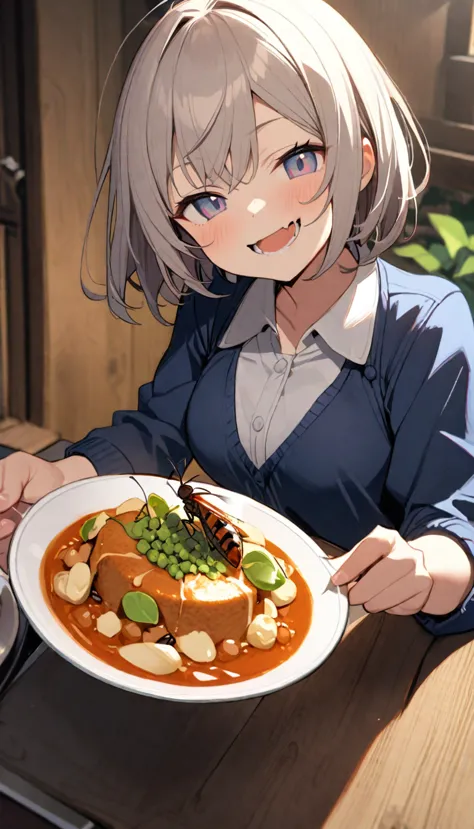 1girl, Sitting Girl, meal, (Eats small insects:1.4), smug_ness, fantasy_clothed, (Biting off small insects:1.5), anime, eating,(tasty), Selfie, beautiful eyes, (Mucus from insects), 