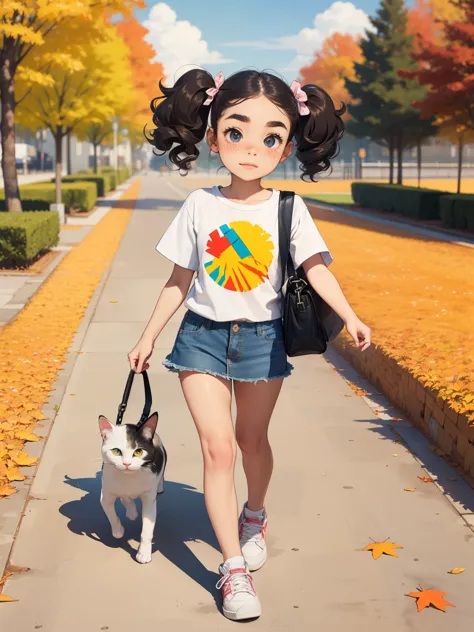 (Superflat, Flat Shading, Flat Color), (masterpiece，Best Quality，Cute doodles，interesting, Excellent, Two young s，Very short stature，Curly Hair，Twin tails，bright, Curious eyes，Freckles，Thick eyebrows，Short-sleeved white T-shirt，Very short denim miniskirt，Open Fly，sneakers， Autumn park，Autumn leaves，Floral scent,Pop Art,punk, bag,Journey，Playing with cats，Girl&#39;s Temptation，