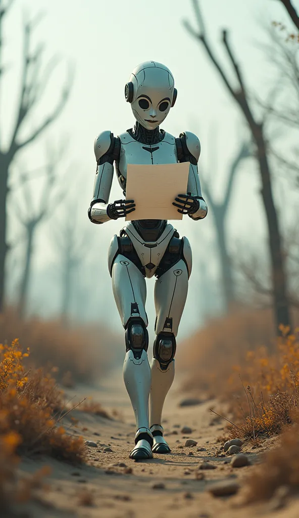 robot in desolate place, It&#39;s autumn, dry trees, The robot is carrying a sheet of paper and is analyzing it with some cyan colored lines., UHD, Masterpiece, Retina, Accurate, Anatomically correct, textured skin, Super detail, high details, high quality, Best quality, Award Winning, highres, 1080P, HD, 16K