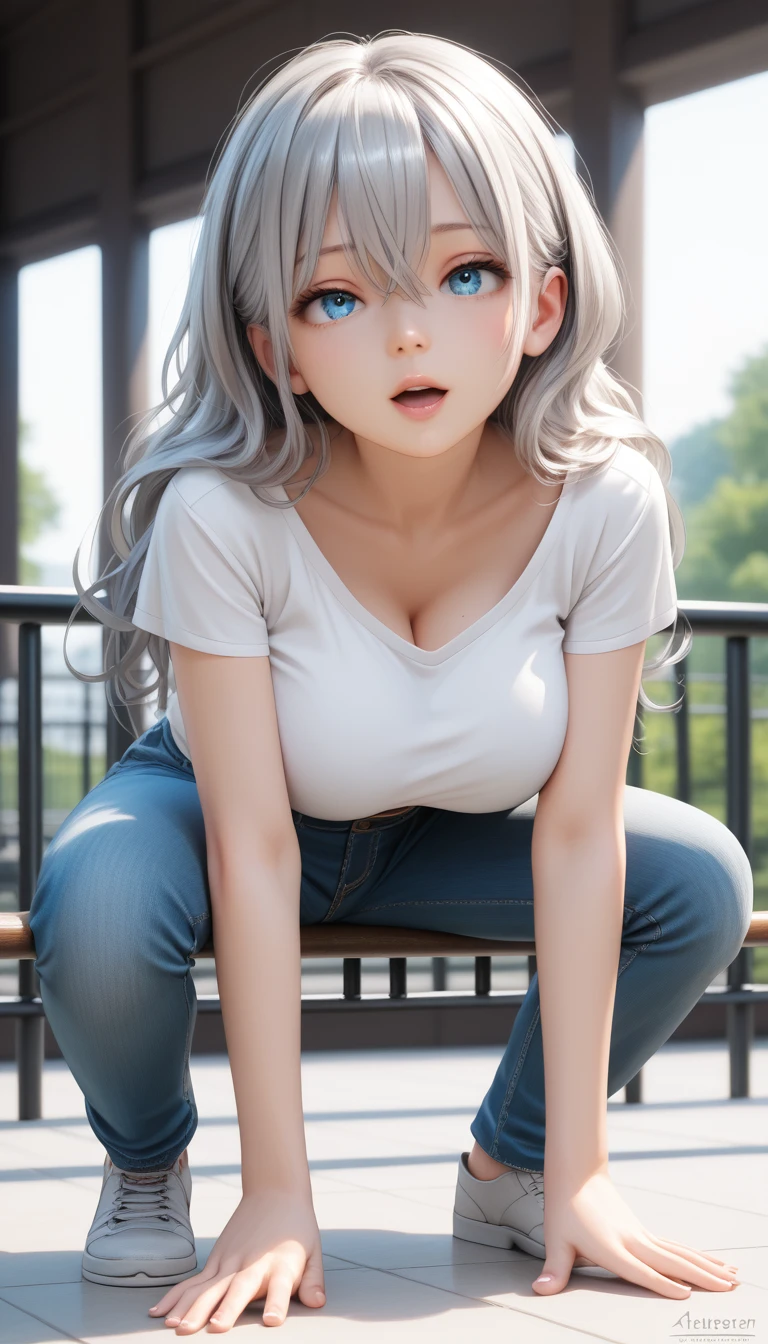 nsfw, solo, (masterpiece, high quality, High resolution, detailed, 4K, 8k), A beautiful girl, Perfect girl body, girl, Silver long hair, Disheveled Hair, White skin, Beautiful sparkling Blue eyes, wallpaper, Absurd, (huge breast:1.2), (big eyes:1.0), (tareme:1.3), (hairs between eyes:1.3), (Elegant hair:1.1), 
(ahegao:1.4), looking up eyes, (body with trembling:1.3), (trembling effect motion lines with sexual climax:1.5), (park:1.3), (hoodie:1.3), (jeans:1.3), (Arched back:1.3), (looking up:1.2), (head back:1.2), standing girl, (sit in a rod:1.4), (riding rod:1.4), (sit astride rod:1.3), between legs on rod, hands on rod, full body, masturbasion with railing, (from front:1.1), from adove, face focus,
