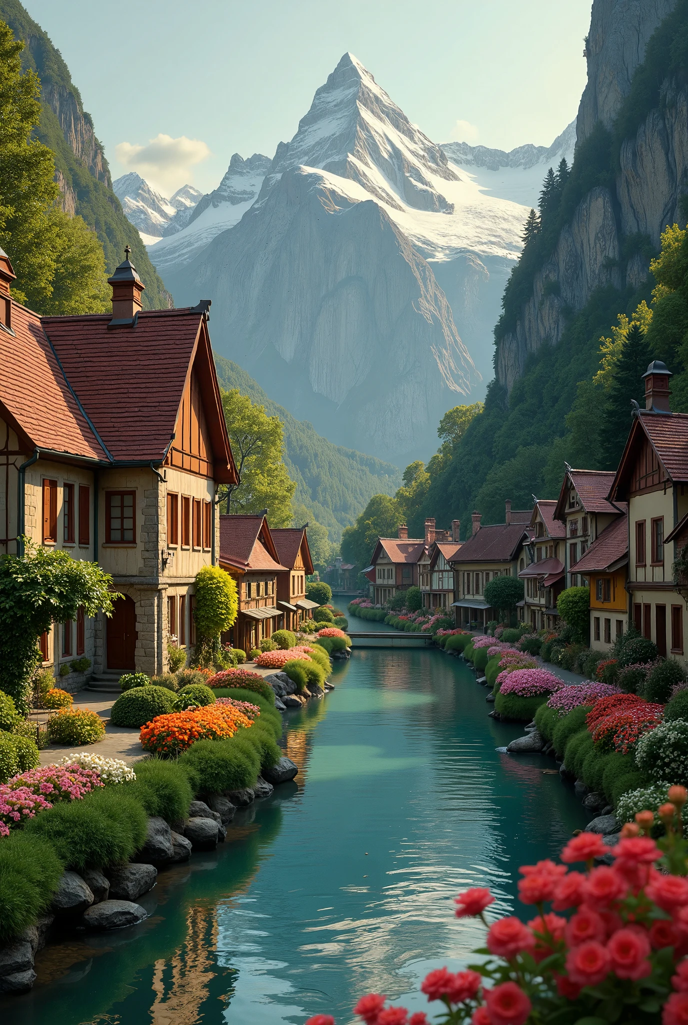 Generate a stunning, photorealistic 8K image of a charming European-style village nestled by a calm river, with a majestic mountain range towering in the background. The scene captures the idyllic beauty of the village, featuring traditional stone and timber houses with red-tiled roofs, surrounded by vibrant, colorful flower beds in full bloom. A cobblestone pathway winds along the riverbank, leading through lush green gardens filled with blooming flowers in various shades of red, orange, pink, and white. The crystal-clear, still water of the river reflects the surrounding scenery, adding a serene quality to the image.

Inspired by the landscape style of Studio Ghibli’s “Whisper of the Heart” and the detailed natural environments in the works of Thomas Kinkade, the image should use soft, warm lighting to create a peaceful and inviting atmosphere. The lighting is late afternoon, with the golden sun casting a soft glow on the mountains and the village. The tall, snow-capped peaks of the mountains stand in the background, contrasting with the lush greenery and colorful flowers in the foreground.

Use a wide-angle composition to capture both the intimate details of the village and the vast, scenic backdrop of the mountains. The vibrant colors of the flowers, the crisp reflections in the water, and the peaceful ambiance should all be emphasized, creating a harmonious and visually stunning landscape.