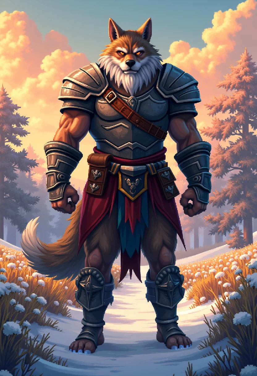 chibi, pixel style, barbarian, a muscular middle-aged wolf man, full body in Michelangelo Buonarroti style, digital illustration anime, character focus, full body, looking away, dynamic angle, BREAK brief, breast plate, helmet, dynamic pose, detailed painting landscape, evening, snow field, path, outdoor, BREAK complete anatomy, perfect proportions, beautiful thigh gap, fluffy body, intricate fur details, beautiful fur texture, BREAK detailed wolf 1tail, detailed toe, 5toes, 5toes nails, beautiful foot, detailed hands, 5fingers, 5fingers nails, BREAK aesthetic anime face, insanity detailed face, male face, big face, square jawline, aesthetic anime eyes, detailed brown eyes, detailed brown cornea, detailed dark brown irises, detailed pupils, male eyes, big eyes, male eyebrows, innocent look, beautiful beard, BREAK masterpiece, official art, best quality, very aesthetic, absurdres, super fine illustration, great quality, BREAK noise reduction, very highres, large filesize, high quality, 32K, 8k wallpaper, dynamic lighting, insanity detailed, ultra detailed, intricate details, extremely detailed, detailed texture, an extremely delicate and beautiful, full color, HDR, BREAK e621 uncut tag, Fur Affinity illustration, osukemo, kemohomo, anthropomorphic, furry, cartoon, harmonious, pastoral, virtuous, epic atmosphere