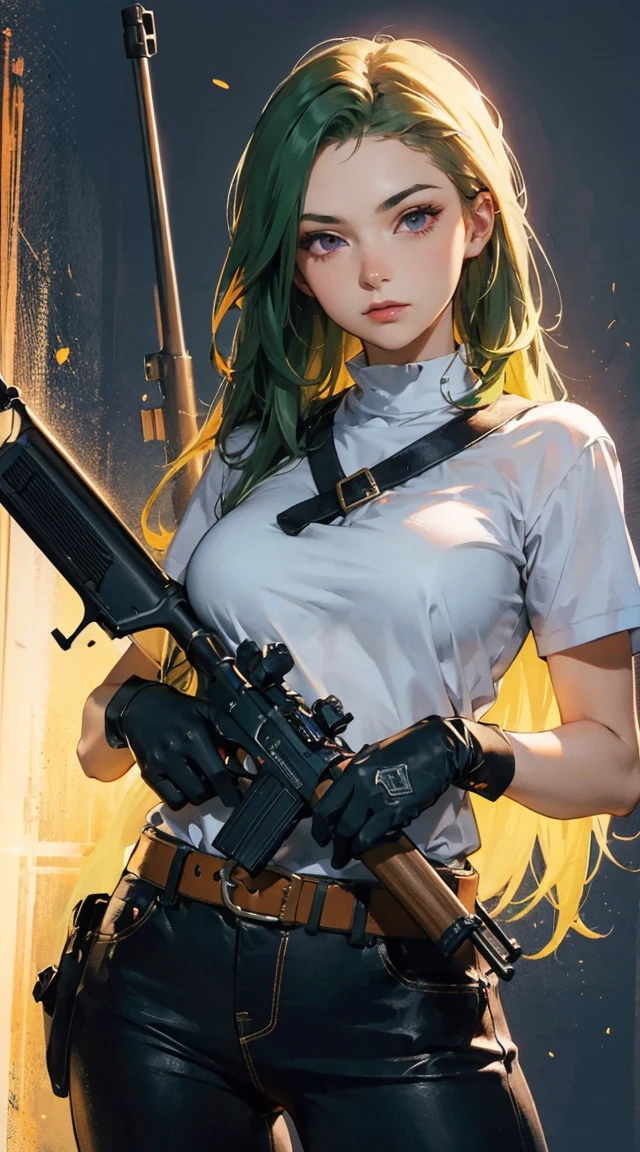 anime character with blonde hair and green eyes holding a long green gun, 1girl, solo, weapon, long hair, gloves, gun, rifle, black gloves, purple eyes, looking at viewer, holding weapon, green hair, sniper rifle, holding, pants, breasts, short sleeves, holding gun, shirt, cowboy shot, closed mouth , (best quality, masterpiece, ultra-detailed, illustration:1.2),(8K wallpaper),(beautiful detailed eyes:1.2), beautiful, amazing, detailed eyes, (detailed skin),soft light , AddXL, soft light , light steps,  intricate colors, vibrant colors,light fire