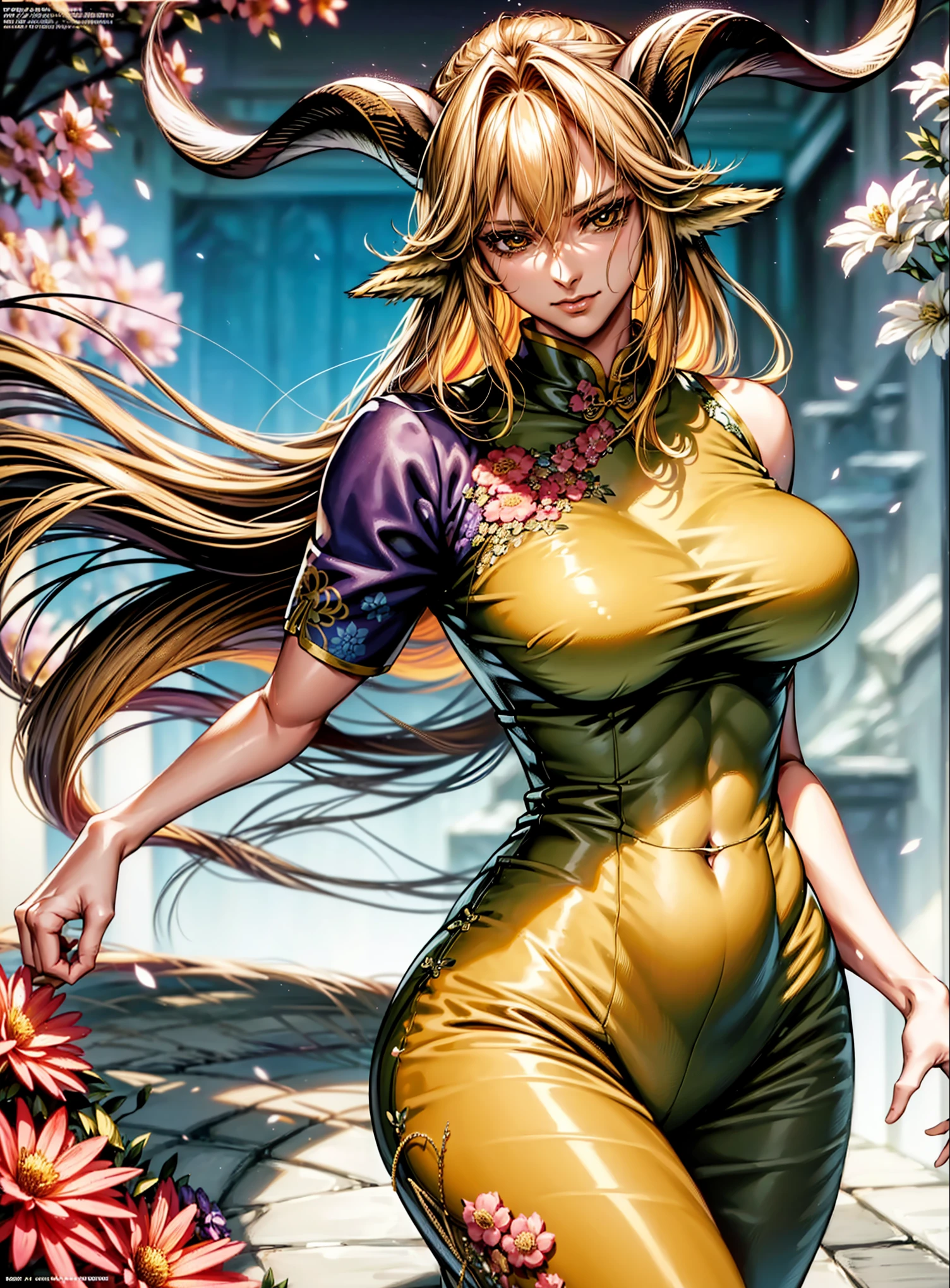 (top-quality、tmasterpiece、high resolution、super high image quality，highly detailed，8K，high saturation), 30years old，degenbrecher(arknights), goat girl, looking at viewer, large breasts, hair between eyes, (symmetric goat horns:1.1), animal ears, solo, long hair, closed mouth, blonde hair, yellow eyes, (goat ears: 1.1), Dynamic angles shot，detailed Mature face，detailed eyes, clear muscle lines, magazine cover, (multi-color flower fashion cheongsam:1.3), magazine titles, girlfriend ssmile