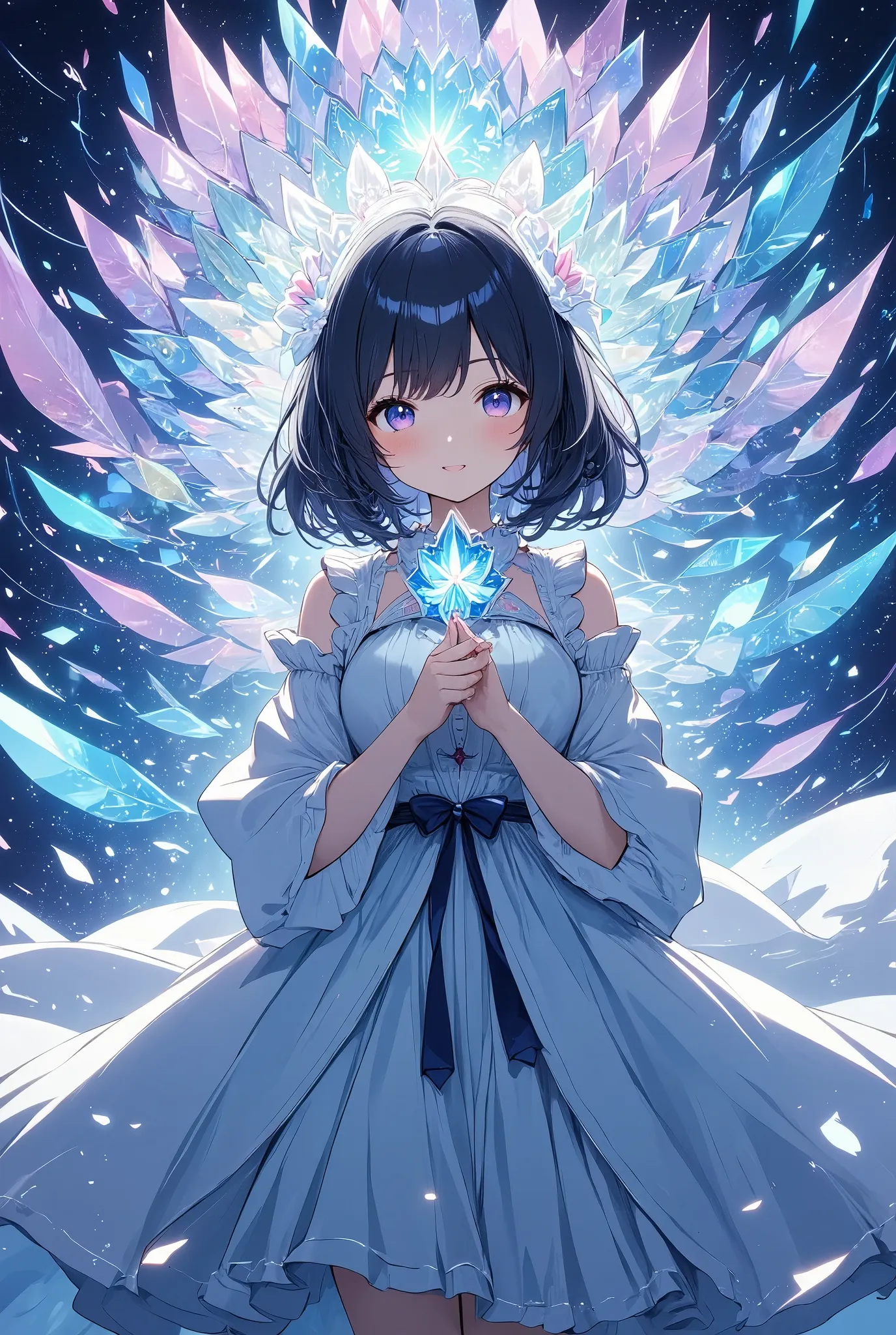 bright lines and bright colors、transparent ice、ice flower、princess、((周りにice flowerが生える))、a cold and sad work、blue-themed artwork