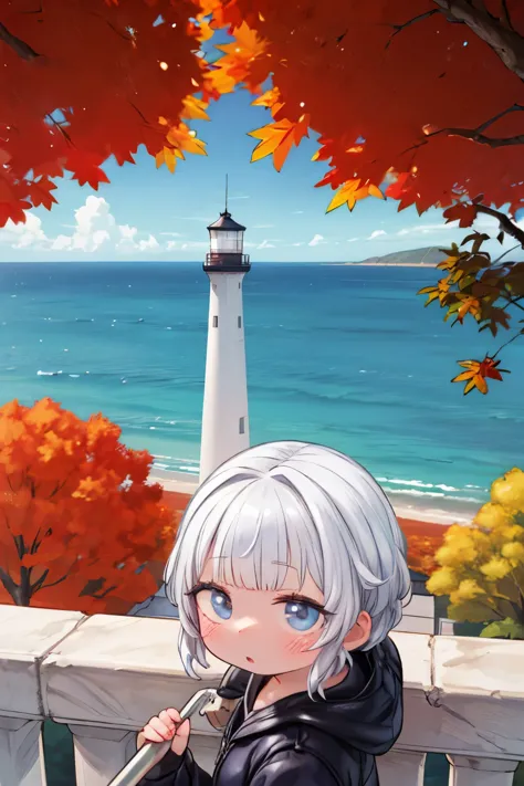 pretty girl，Anime Girls, View of the ocean from the top of the lighthouse， High resolution, autumn、autumn leaves，，detailed, 32K，