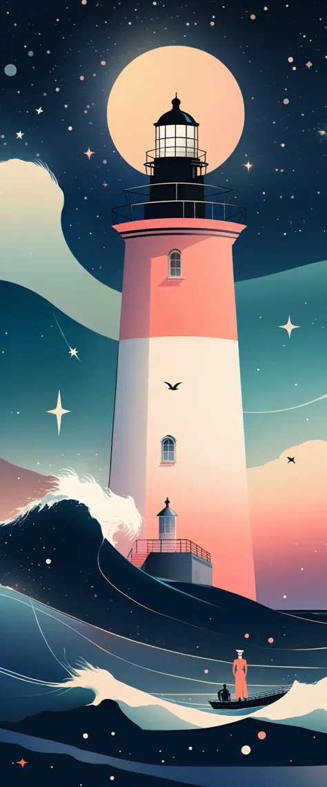 (Best quality, Background sketch in various harmonious colors:1.2), realistic, Illustrator, animated, 1 ship in the middle of the ocean, a sailor points while looking at the coast of the continent on the horizon, a beautiful lighthouse is seen shining, Sailor clothes., Gradient background a beautiful night with stars, pastel colors that harmonize with each other, textured cutout, masterpiece, classic retro style, sketch style, European style