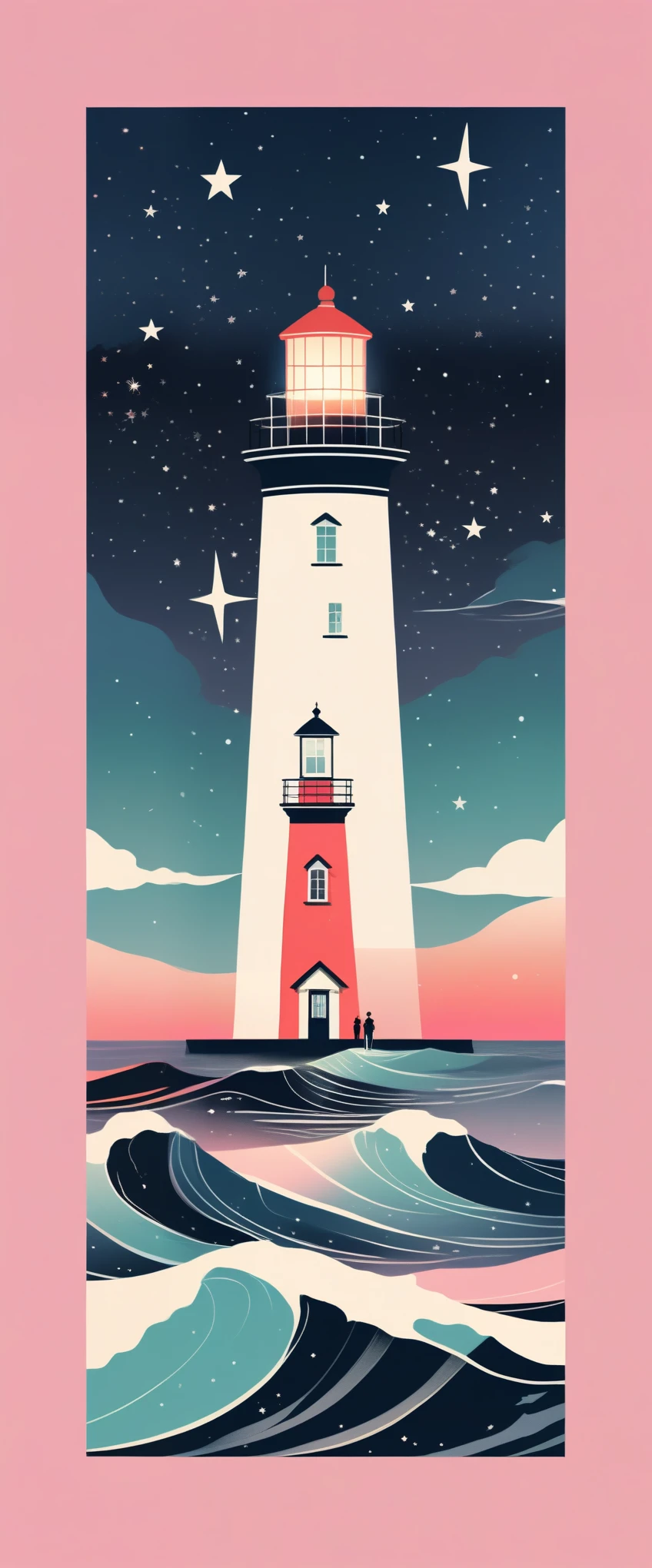 (Best quality, Background sketch in various harmonious colors:1.2), realistic, Illustrator, animated, 1 ship in the middle of the ocean, a sailor points while looking at the coast of the continent on the horizon, a beautiful lighthouse is seen shining, Sailor clothes., Gradient background a beautiful night with stars, pastel colors that harmonize with each other, textured cutout, masterpiece, classic retro style, sketch style, European style