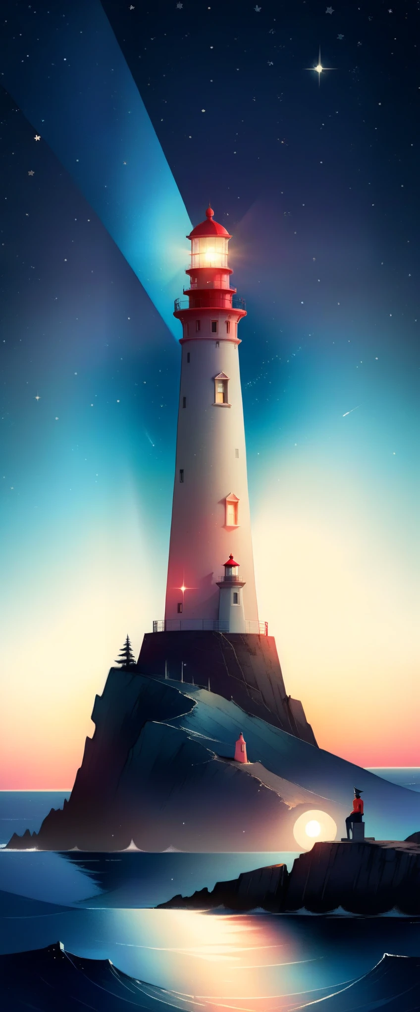 (Best quality, Background sketch in various harmonious colors:1.2), realistic, Illustrator, animated, 1 ship in the middle of the ocean, a sailor points while looking at the coast of the continent on the horizon, a beautiful lighthouse is seen shining, Sailor clothes., Gradient background a beautiful night with stars, pastel colors that harmonize with each other, textured cutout, masterpiece, classic retro style, sketch style, European style